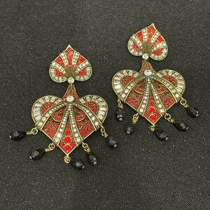 Heidi Daus Red and Clear Crystal Heart Drop Earrings with Black Bead Fringe